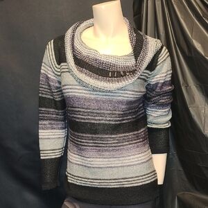 LAURA Cowl Neck Striped Knit Sweater - Black, Gray & Purple
